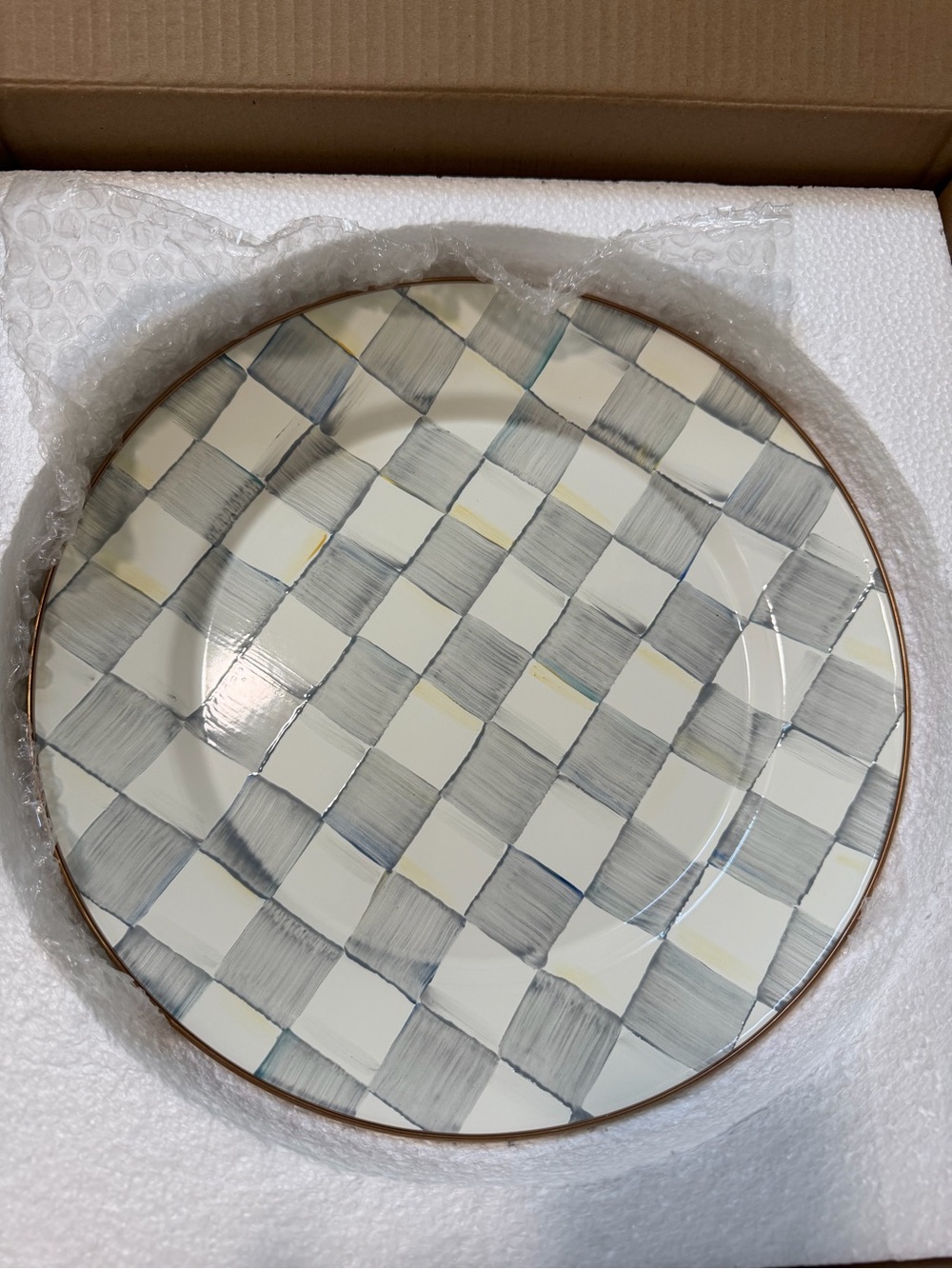 MacKenzie-Childs Cream charger  Plate with Gold Rim new sterling check
